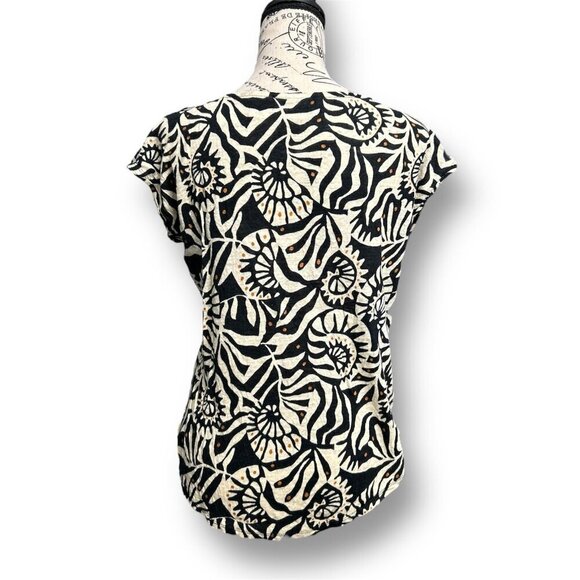 Nicole Miller Small Black Cream 100% Linen Top Abstract Print Boho Resort Travel - Picture 4 of 8